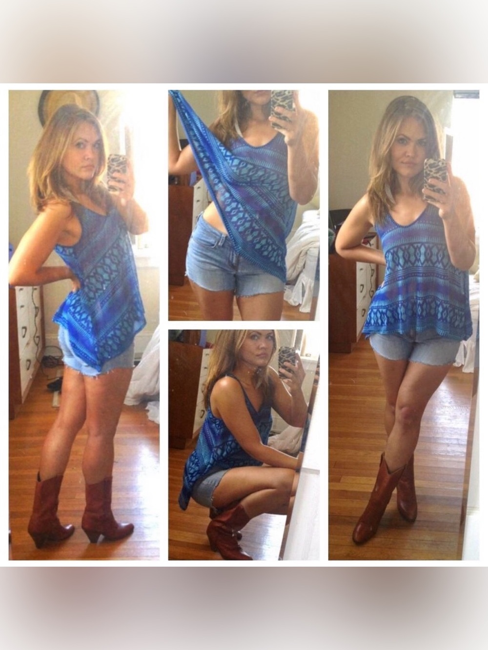 Vintage Circa 2012, Boho Blue Patterned Summer Top by Audrey 3 + 1, Size Small